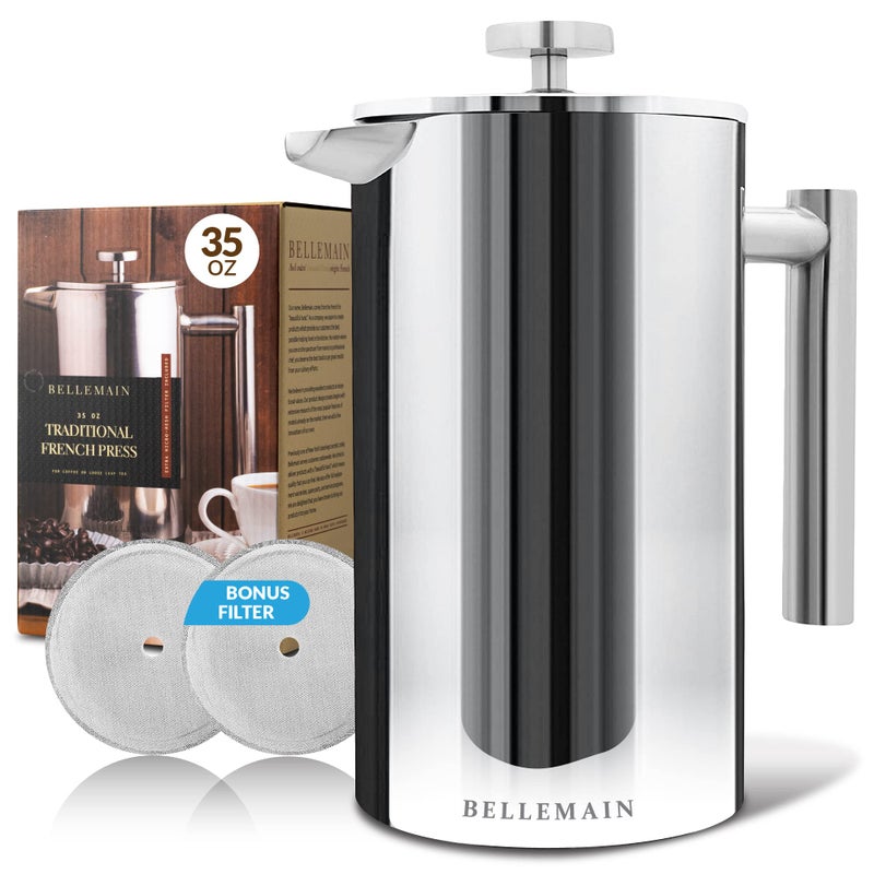 Bellemain French Press Coffee Maker Extra Filters Included, 35 oz, Stainless Steel - Image 1
